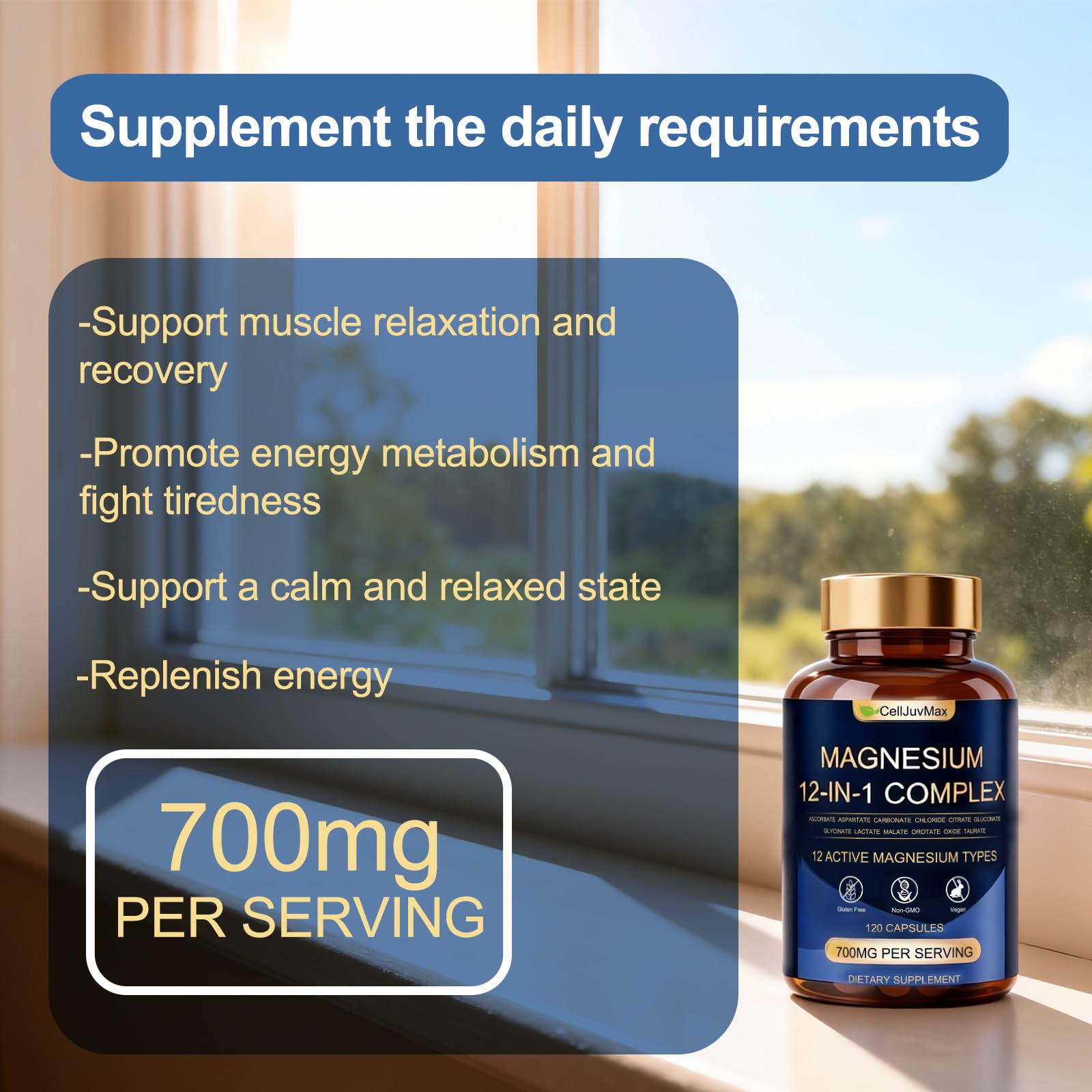 Magnesium 12-in-1 Complex 700mg, with Glycinate & Citrate, Vegan Supplement for Daily Wellness, 120 Capsules (1) - Maple Wellness Supplements