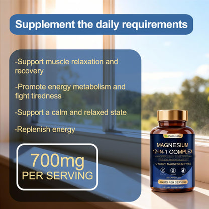 Magnesium 12-in-1 Complex 700mg, with Glycinate & Citrate, Vegan Supplement for Daily Wellness, 120 Capsules (1) - Maple Wellness Supplements