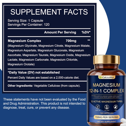 Magnesium 12-in-1 Complex 700mg, with Glycinate & Citrate, Vegan Supplement for Daily Wellness, 120 Capsules (1) - Maple Wellness Supplements