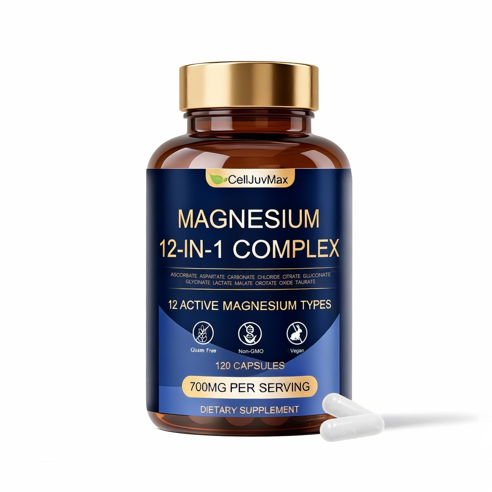 Magnesium 12-in-1 Complex 700mg, with Glycinate & Citrate, Vegan Supplement for Daily Wellness, 120 Capsules (1) - Maple Wellness Supplements