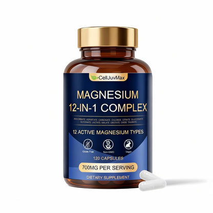 Magnesium 12-in-1 Complex 700mg, with Glycinate & Citrate, Vegan Supplement for Daily Wellness, 120 Capsules (1) - Maple Wellness Supplements