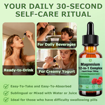 Magnesium 12 in 1 Complex Liquid Drops 700mg, High Absorption Magnesium Glycinate Citrate Malate Taurate & 8 Forms, Magnesium Complex Blend Supplement for Sleep Muscle Nerve Energy Heart Health - Maple Wellness Supplements