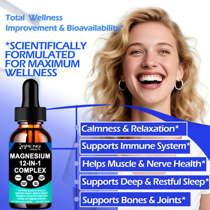 Magnesium 12 in 1 Complex Liquid Drops Magnesium Supplement w. Glycinate Citrate Malate Taurate Oxide Aspartate Orotate, Calm Magnesium for Sleep Muscle Heart Support丨Max Absorption Liquid Formula - Maple Wellness Supplements