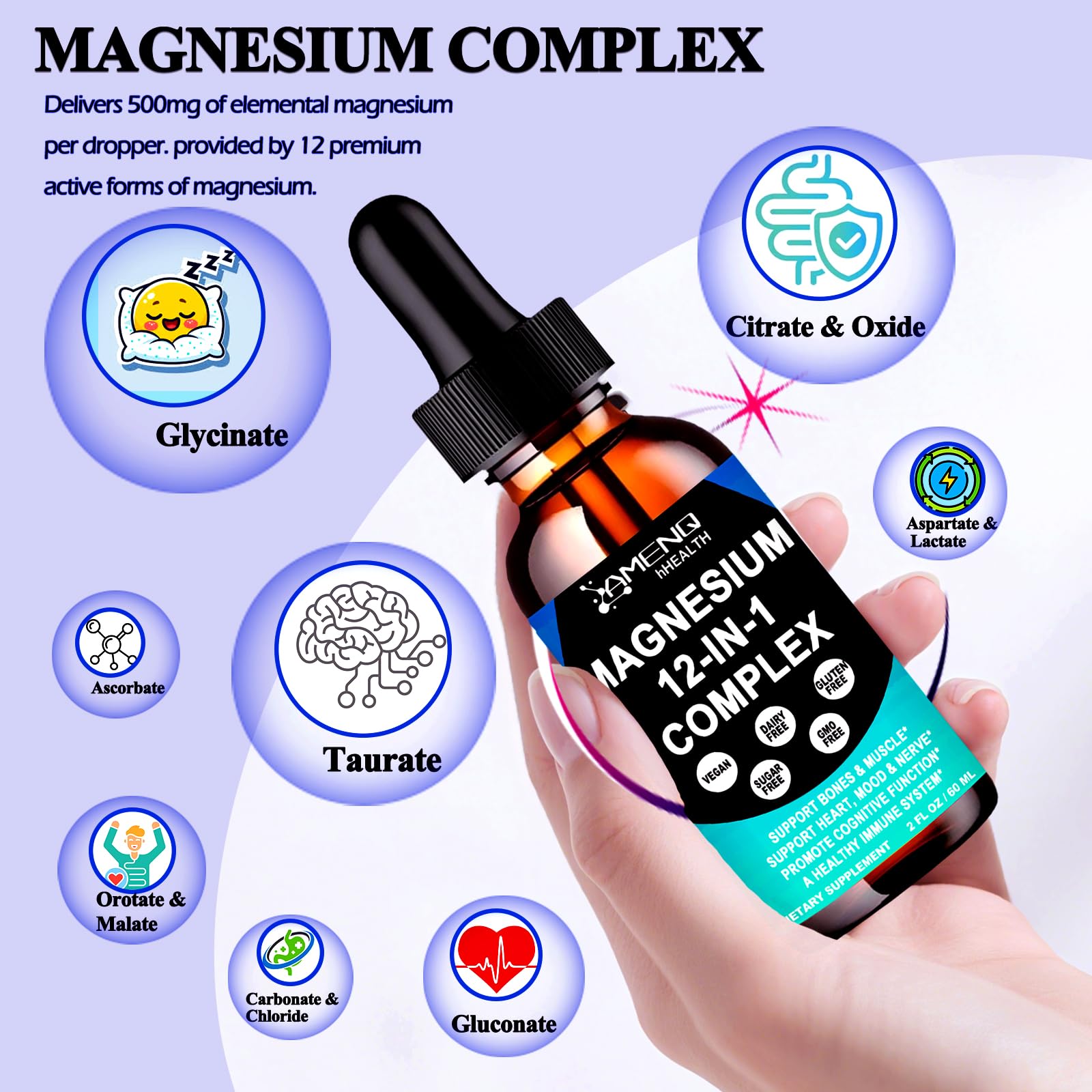 Magnesium 12 in 1 Complex Liquid Drops Magnesium Supplement w. Glycinate Citrate Malate Taurate Oxide Aspartate Orotate, Calm Magnesium for Sleep Muscle Heart Support丨Max Absorption Liquid Formula - Maple Wellness Supplements