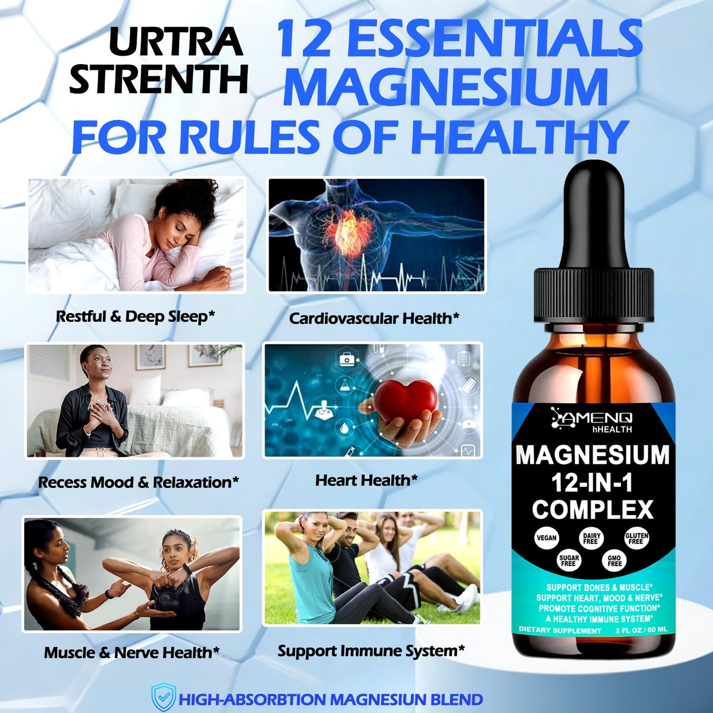 Magnesium 12 in 1 Complex Liquid Drops Magnesium Supplement w. Glycinate Citrate Malate Taurate Oxide Aspartate Orotate, Calm Magnesium for Sleep Muscle Heart Support丨Max Absorption Liquid Formula - Maple Wellness Supplements