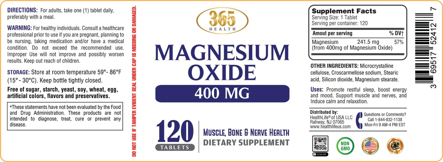 Magnesium 400mg [High Potency] Supplement – Magnesium Oxide for Immune Support, Muscle Recovery, Leg Cramps and Relaxation 120 Tablets-USA Made - Maple Wellness Supplements