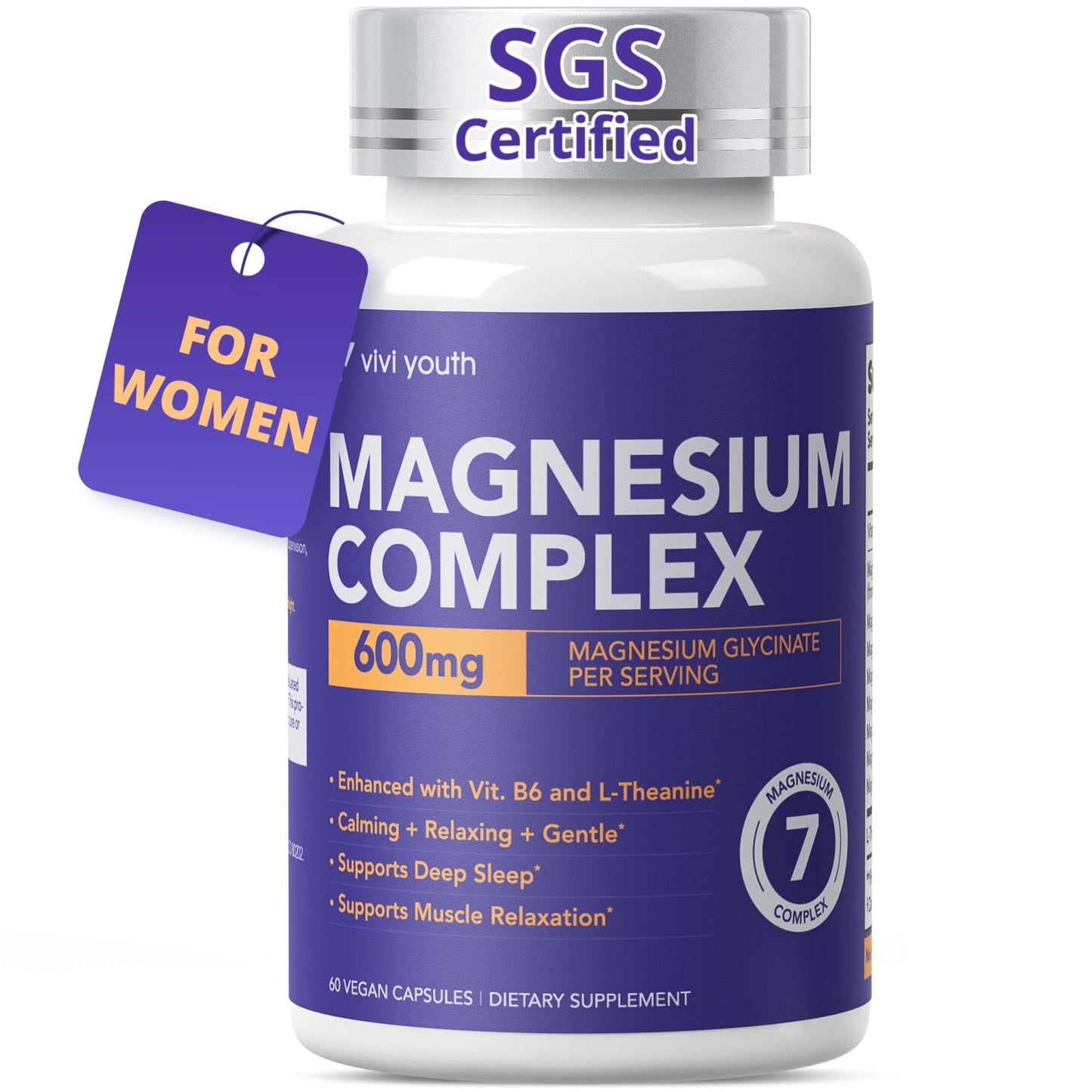 Magnesium 7 Complex for Women 1600mg, Magnesium Glycinate 600mg 7 High Absorption Magnesium Supplement with Citrate, Malate, Chelate, Taurate, Gluconate, Aspartate & Ascorbate for Sleep, 60 Capsules - Maple Wellness Supplements