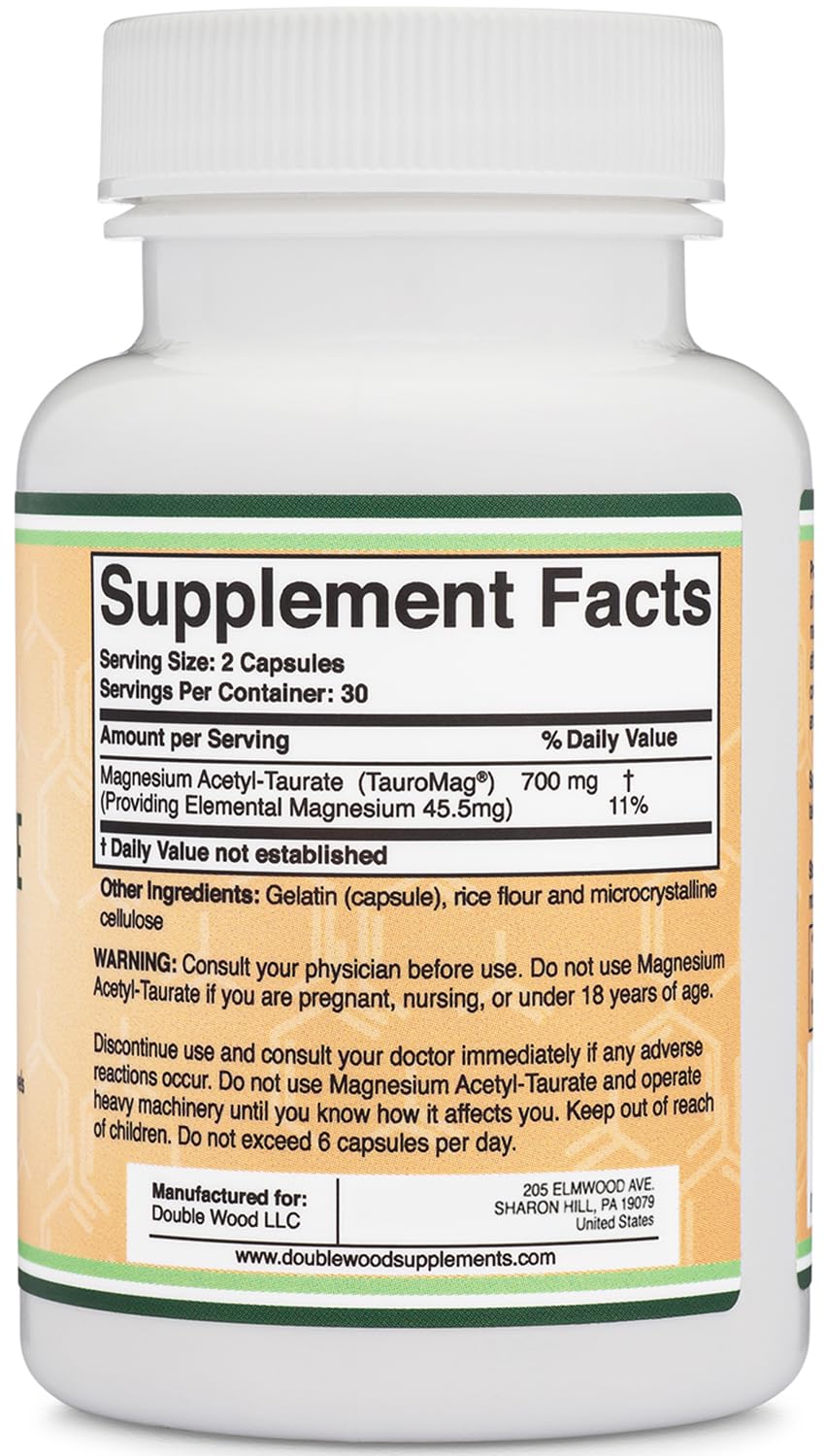 Magnesium Acetyl-Taurate (ATA MG, TauroMag) Novel and Patented Form of Magnesium for PMS and Cramp Relief (60 Capsules, 350mg) PMS Relief Magnesium Supplement by Double Wood Supplements - Maple Wellness Supplements