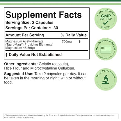 Magnesium Acetyl-Taurate (ATA MG, TauroMag) Novel and Patented Form of Magnesium for PMS and Cramp Relief (60 Capsules, 350mg) PMS Relief Magnesium Supplement by Double Wood Supplements - Maple Wellness Supplements