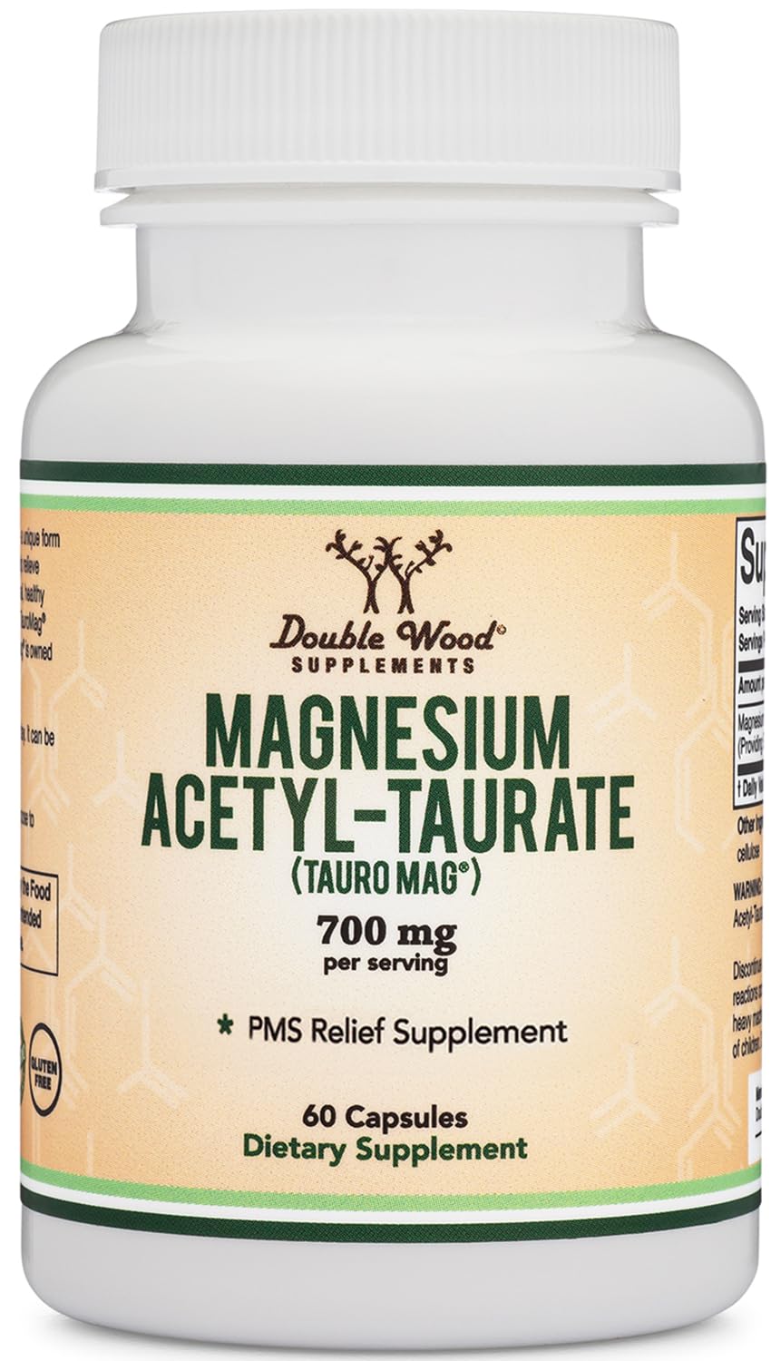 Magnesium Acetyl-Taurate (ATA MG, TauroMag) Novel and Patented Form of Magnesium for PMS and Cramp Relief (60 Capsules, 350mg) PMS Relief Magnesium Supplement by Double Wood Supplements - Maple Wellness Supplements