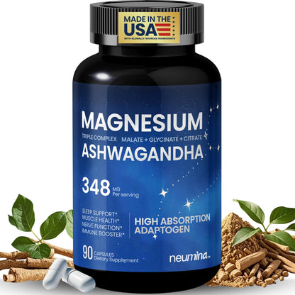 Magnesium Ashwagandha Complex | High-Absorption Multi Magnesium Supports Stress Relief, Sleep, Muscle & Heart Health | Vegan, Non-GMO, Gluten-Free, Made in USA, 90 Capsules((45-Day Supply) - Maple Wellness Supplements