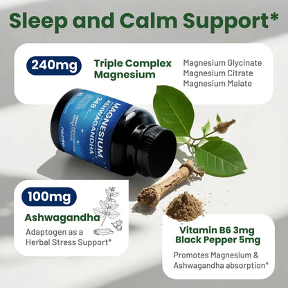 Magnesium Ashwagandha Complex | High-Absorption Multi Magnesium Supports Stress Relief, Sleep, Muscle & Heart Health | Vegan, Non-GMO, Gluten-Free, Made in USA, 90 Capsules((45-Day Supply) - Maple Wellness Supplements