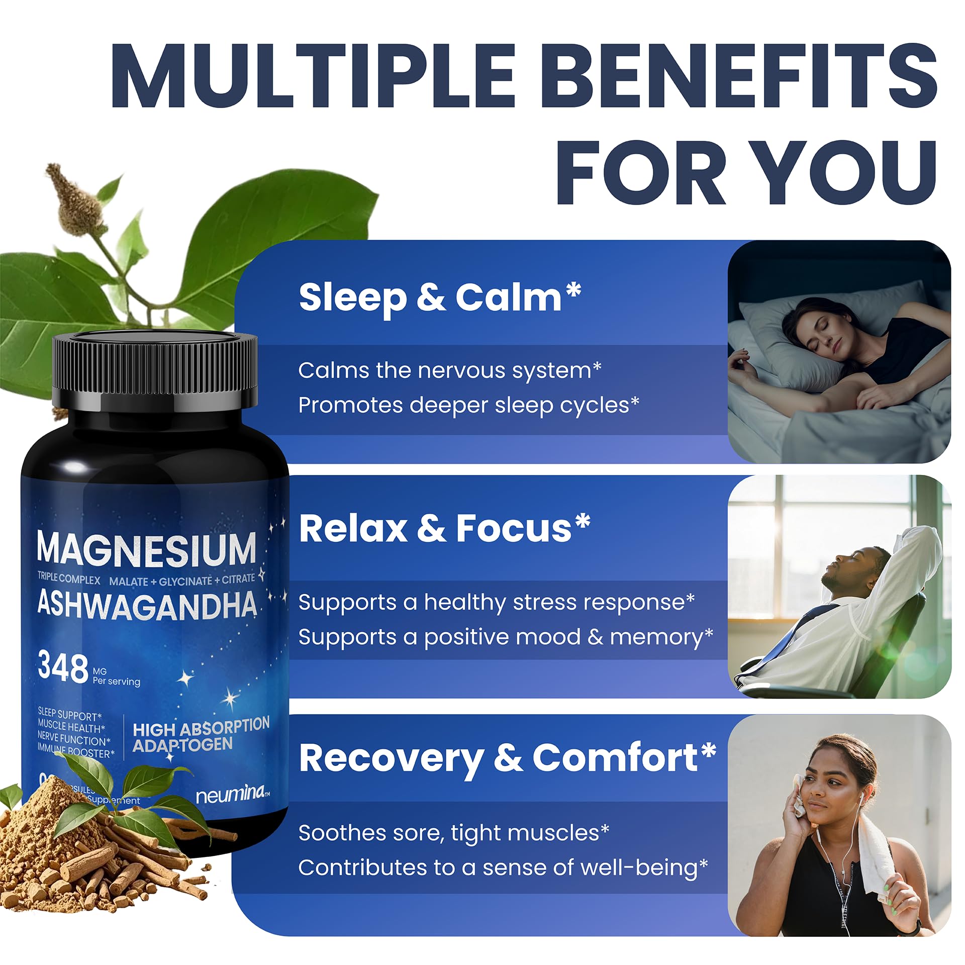 Magnesium Ashwagandha Complex | High-Absorption Multi Magnesium Supports Stress Relief, Sleep, Muscle & Heart Health | Vegan, Non-GMO, Gluten-Free, Made in USA, 90 Capsules((45-Day Supply) - Maple Wellness Supplements