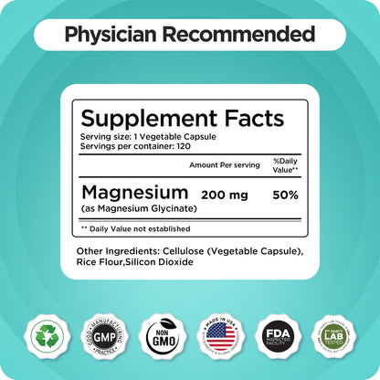 Magnesium Bisglycinate 200mg - High Absorption Chelated Magnesium Supplement - Gentle on Stomach, Non-GMO, Gluten-Free, Supports Sleep, Muscle Cramps & Positive Mood - 120 Vegan Capsules - Maple Wellness Supplements