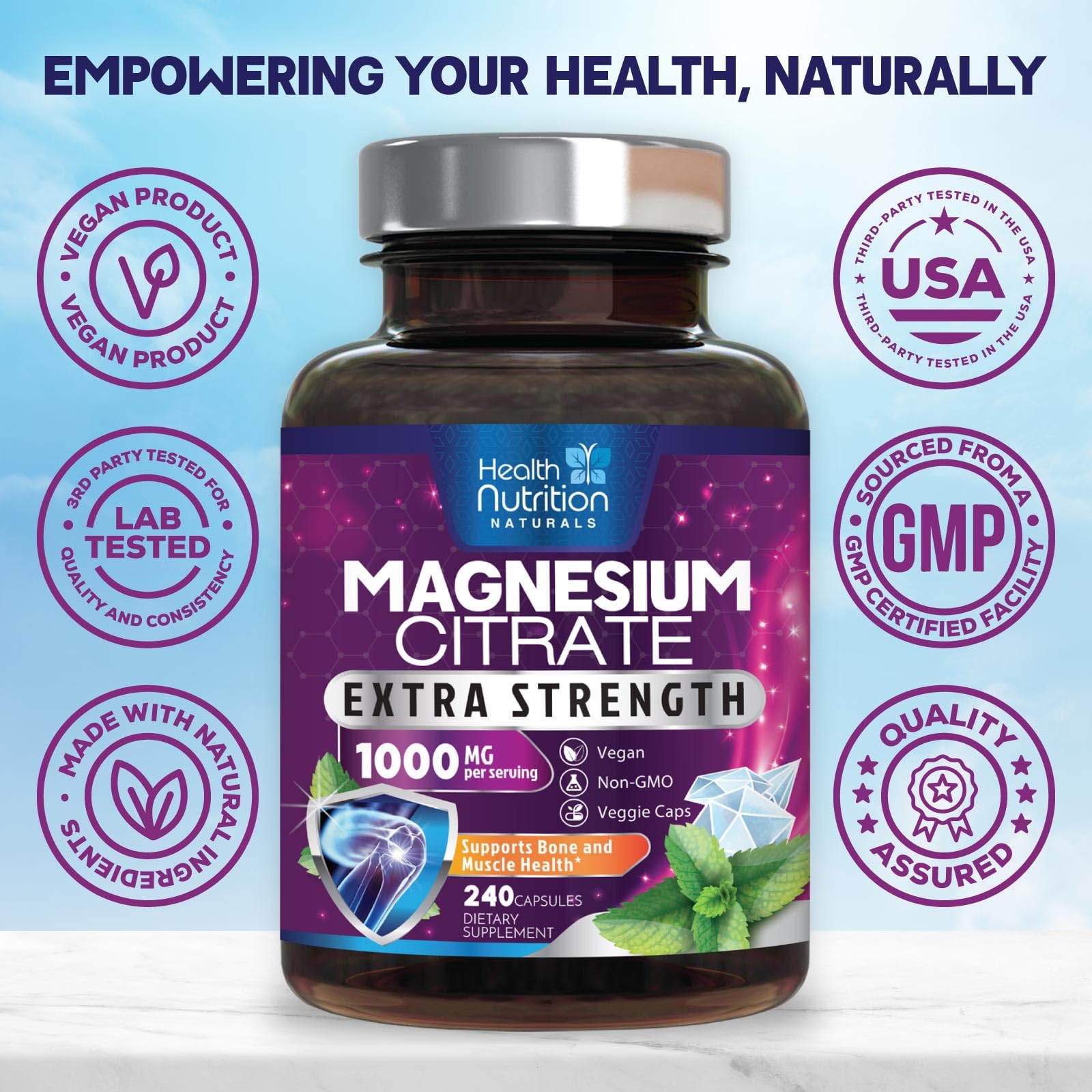 Magnesium Citrate 1000mg Per Serving - Max Absorption Magnesium Powder Capsules for Muscle, Nerve, Bone and Heart Health Support, High Absorption Citrate Complex - Maple Wellness Supplements