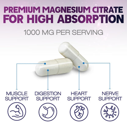Magnesium Citrate 1000mg Per Serving - Max Absorption Magnesium Powder Capsules for Muscle, Nerve, Bone and Heart Health Support, High Absorption Citrate Complex - Maple Wellness Supplements