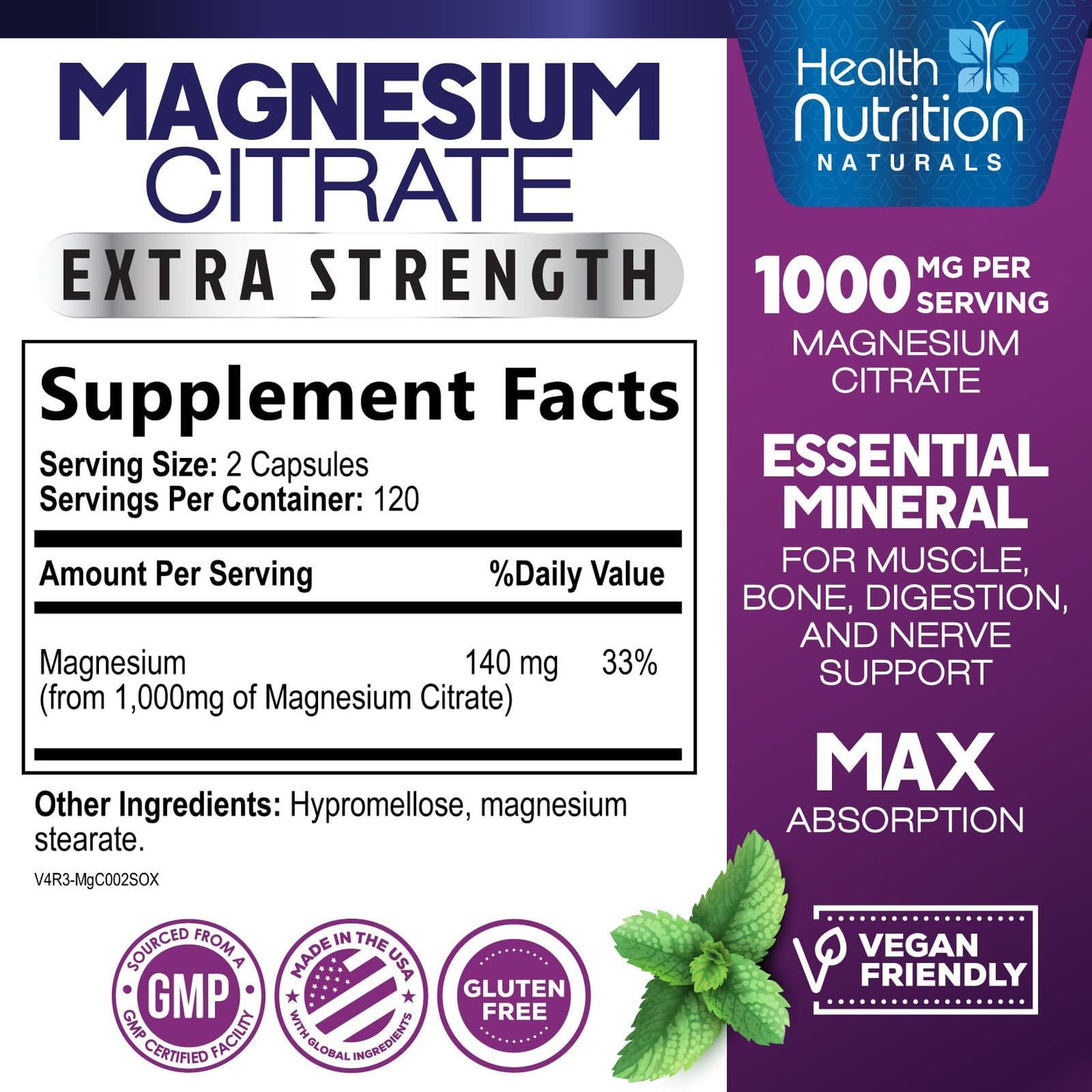 Magnesium Citrate 1000mg Per Serving - Max Absorption Magnesium Powder Capsules for Muscle, Nerve, Bone and Heart Health Support, High Absorption Citrate Complex - Maple Wellness Supplements