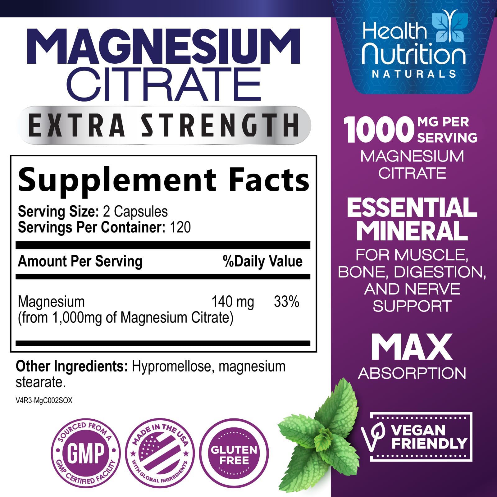 Magnesium Citrate 1000mg Per Serving - Max Absorption Magnesium Powder Capsules for Muscle, Nerve, Bone and Heart Health Support, High Absorption Citrate Complex - Maple Wellness Supplements