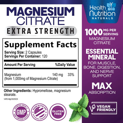 Magnesium Citrate 1000mg Per Serving - Max Absorption Magnesium Powder Capsules for Muscle, Nerve, Bone and Heart Health Support, High Absorption Citrate Complex - Maple Wellness Supplements