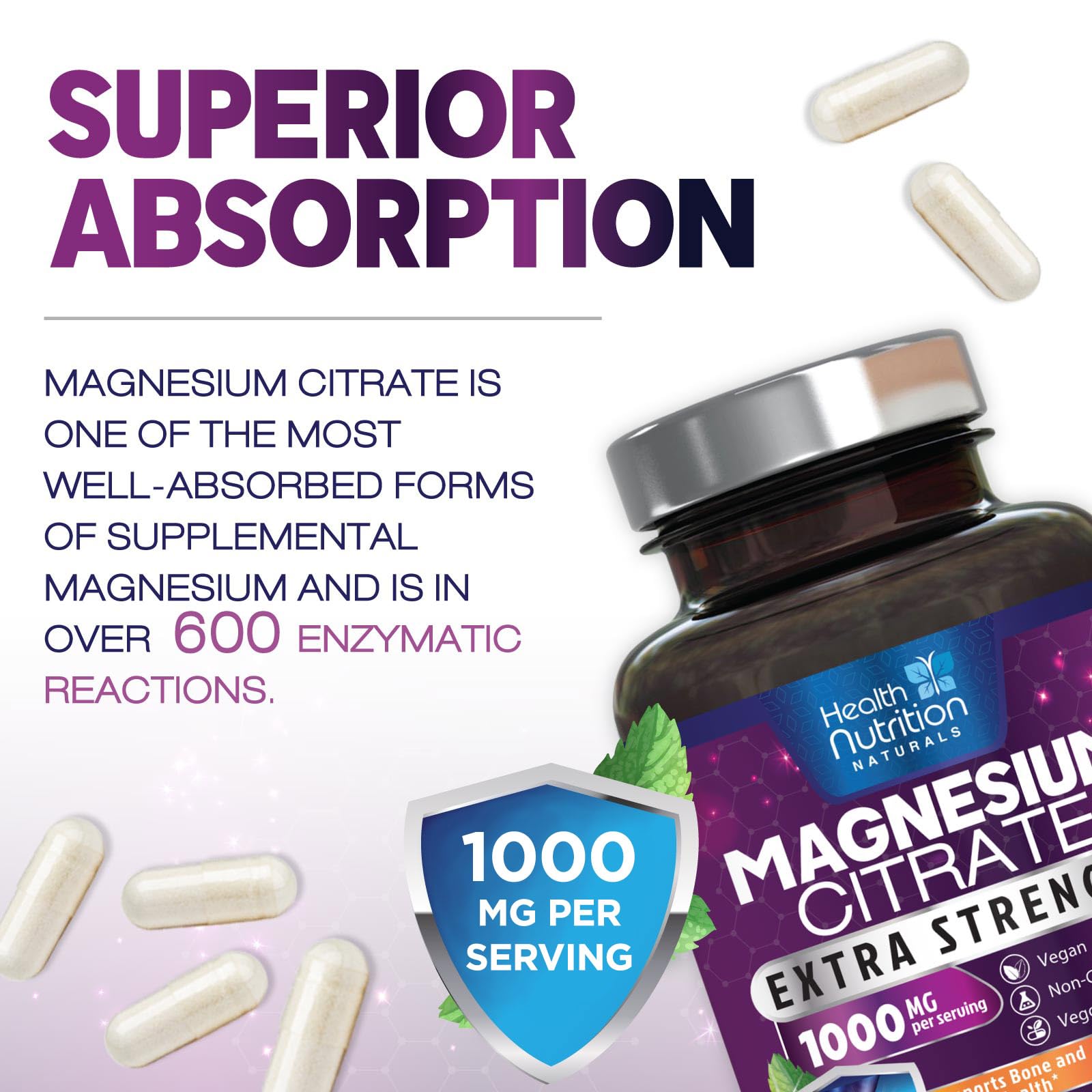 Magnesium Citrate 1000mg Per Serving - Max Absorption Magnesium Powder Capsules for Muscle, Nerve, Bone and Heart Health Support, High Absorption Citrate Complex - Maple Wellness Supplements