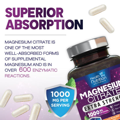 Magnesium Citrate 1000mg Per Serving - Max Absorption Magnesium Powder Capsules for Muscle, Nerve, Bone and Heart Health Support, High Absorption Citrate Complex - Maple Wellness Supplements
