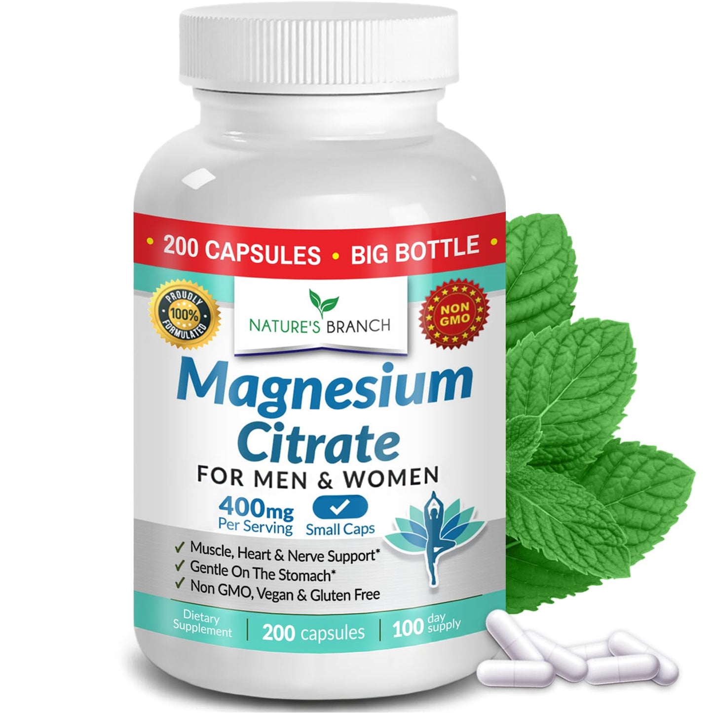 Magnesium Citrate 400mg | 200 Capsules, High Absorption for Sleep, Relax, Leg Cramps, Energy, Extra Strength Easy to Swallow Small Pills for Women & Men, Vegan Supplement for Digestion, Not Tablets - Maple Wellness Supplements