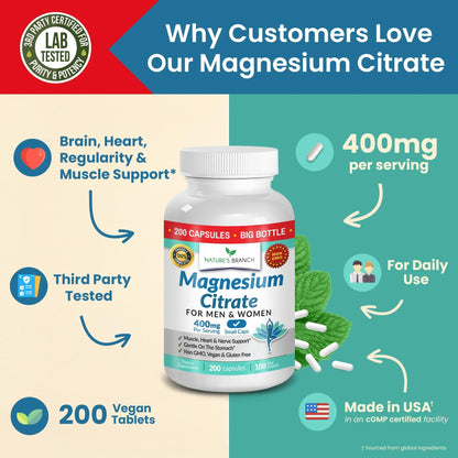 Magnesium Citrate 400mg | 200 Capsules, High Absorption for Sleep, Relax, Leg Cramps, Energy, Extra Strength Easy to Swallow Small Pills for Women & Men, Vegan Supplement for Digestion, Not Tablets - Maple Wellness Supplements