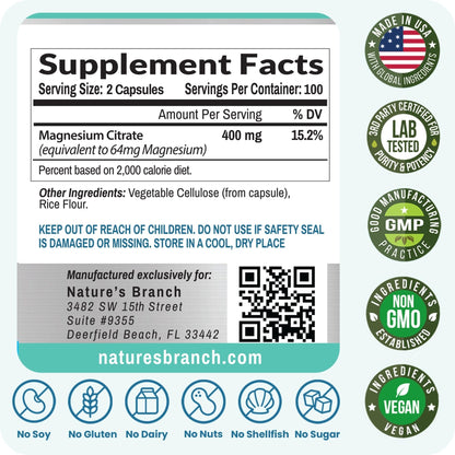 Magnesium Citrate 400mg | 200 Capsules, High Absorption for Sleep, Relax, Leg Cramps, Energy, Extra Strength Easy to Swallow Small Pills for Women & Men, Vegan Supplement for Digestion, Not Tablets - Maple Wellness Supplements