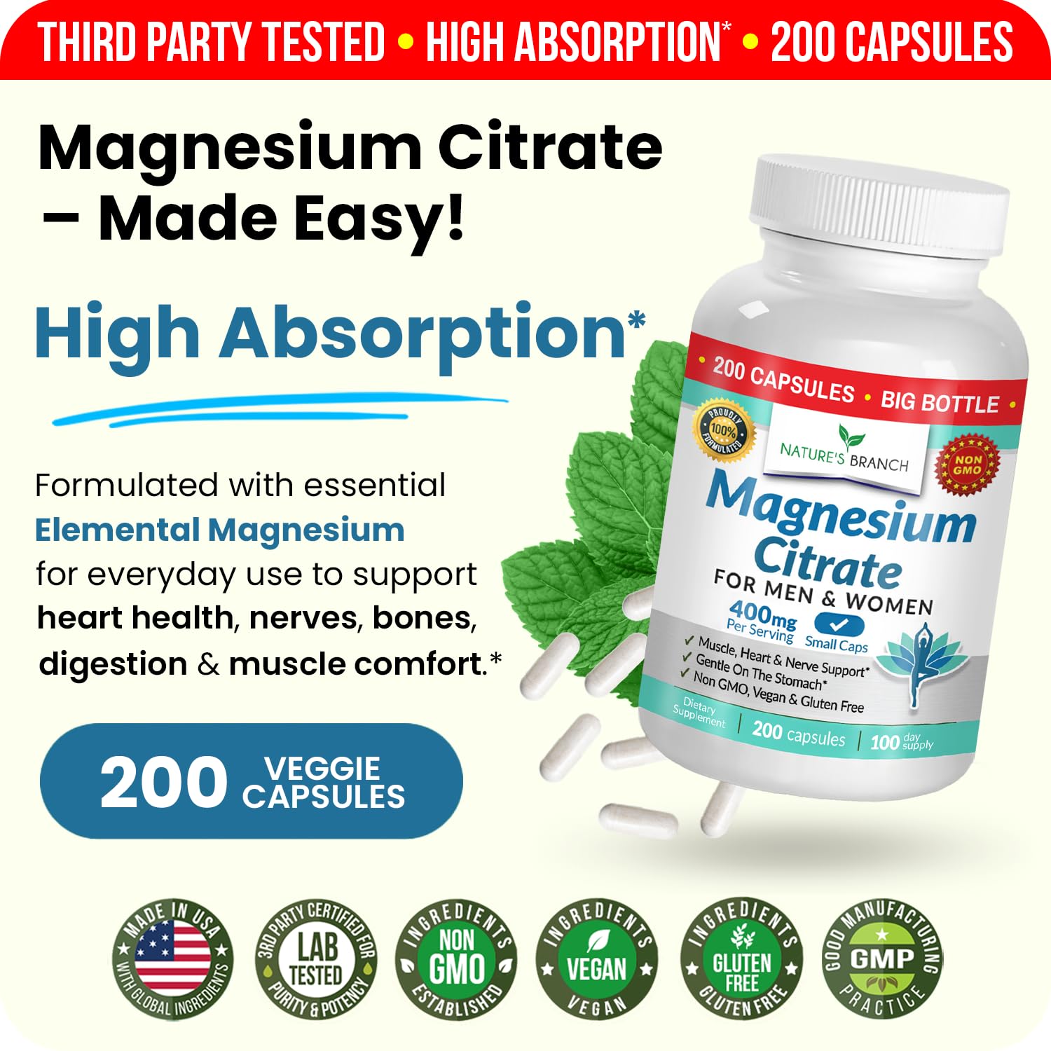 Magnesium Citrate 400mg | 200 Capsules, High Absorption for Sleep, Relax, Leg Cramps, Energy, Extra Strength Easy to Swallow Small Pills for Women & Men, Vegan Supplement for Digestion, Not Tablets - Maple Wellness Supplements