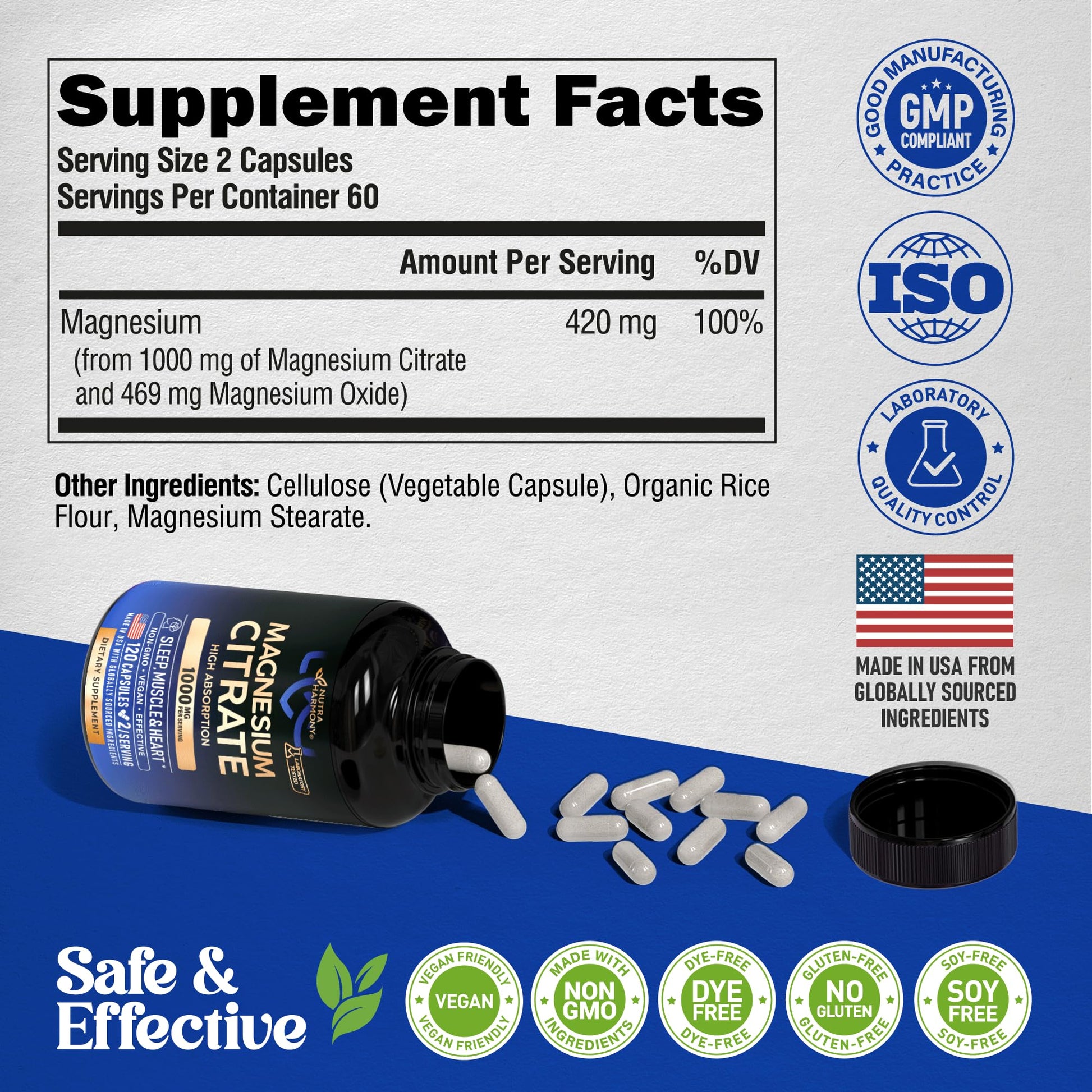 Magnesium Citrate Capsules 1000mg | High Absorption Supplement - Sleep, Muscle & Heart Support - Vegan | Non-GMO - Made in USA - As Powder - Maple Wellness Supplements