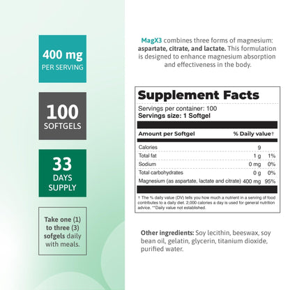 Magnesium Citrate Complex 400 mg – Triple Magnesium with Citrate, Aspartate & Lactate – High Absorption – 100 Softgels - Maple Wellness Supplements