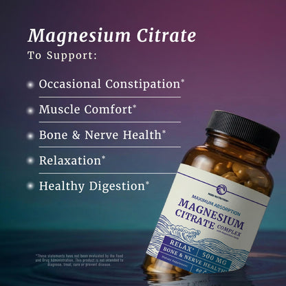 Magnesium Citrate Complex 500 MG for Constipation & Digestion Support | High Absorption Magnesium Supplement | Citrato de Magnesio | Calm & Relaxation - Maple Wellness Supplements