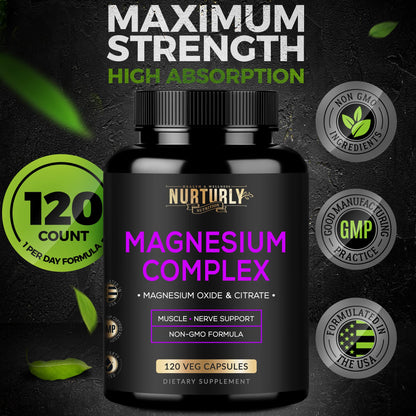Magnesium Citrate & Oxide 500mg Complex Supplement - High Absorption Maximum Strength - Helps Support Bone Density and Strength, Muscles, Energy and Sleep - 120 Vegan Capsules - Maple Wellness Supplements
