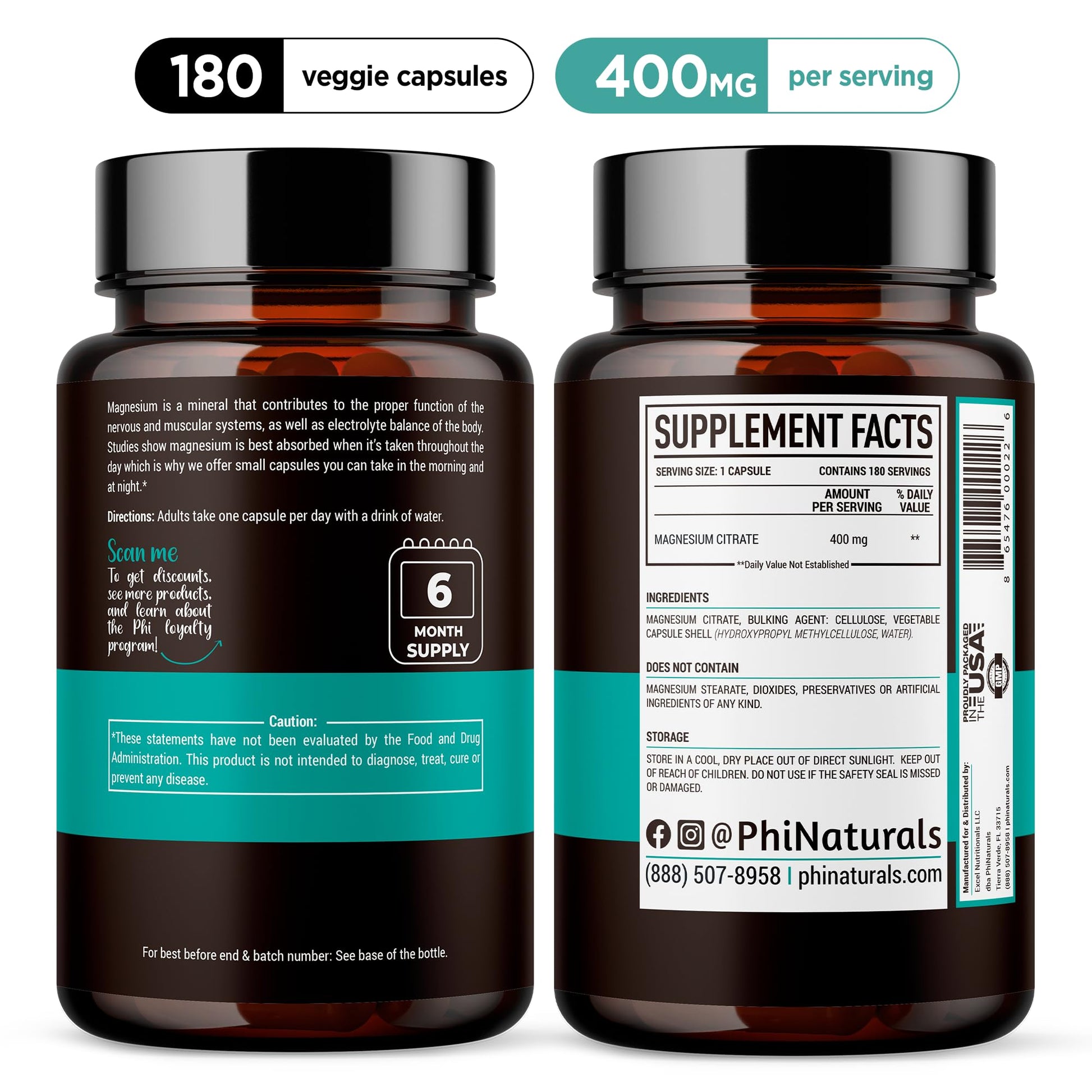 Magnesium Citrate Powder Capsules 400mg - 180 Count Veg Caps - PhiNaturals Supplements - Nervous System Support and Enzyme Function - Maple Wellness Supplements