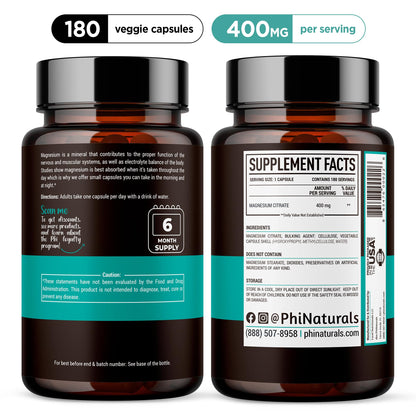 Magnesium Citrate Powder Capsules 400mg - 180 Count Veg Caps - PhiNaturals Supplements - Nervous System Support and Enzyme Function - Maple Wellness Supplements