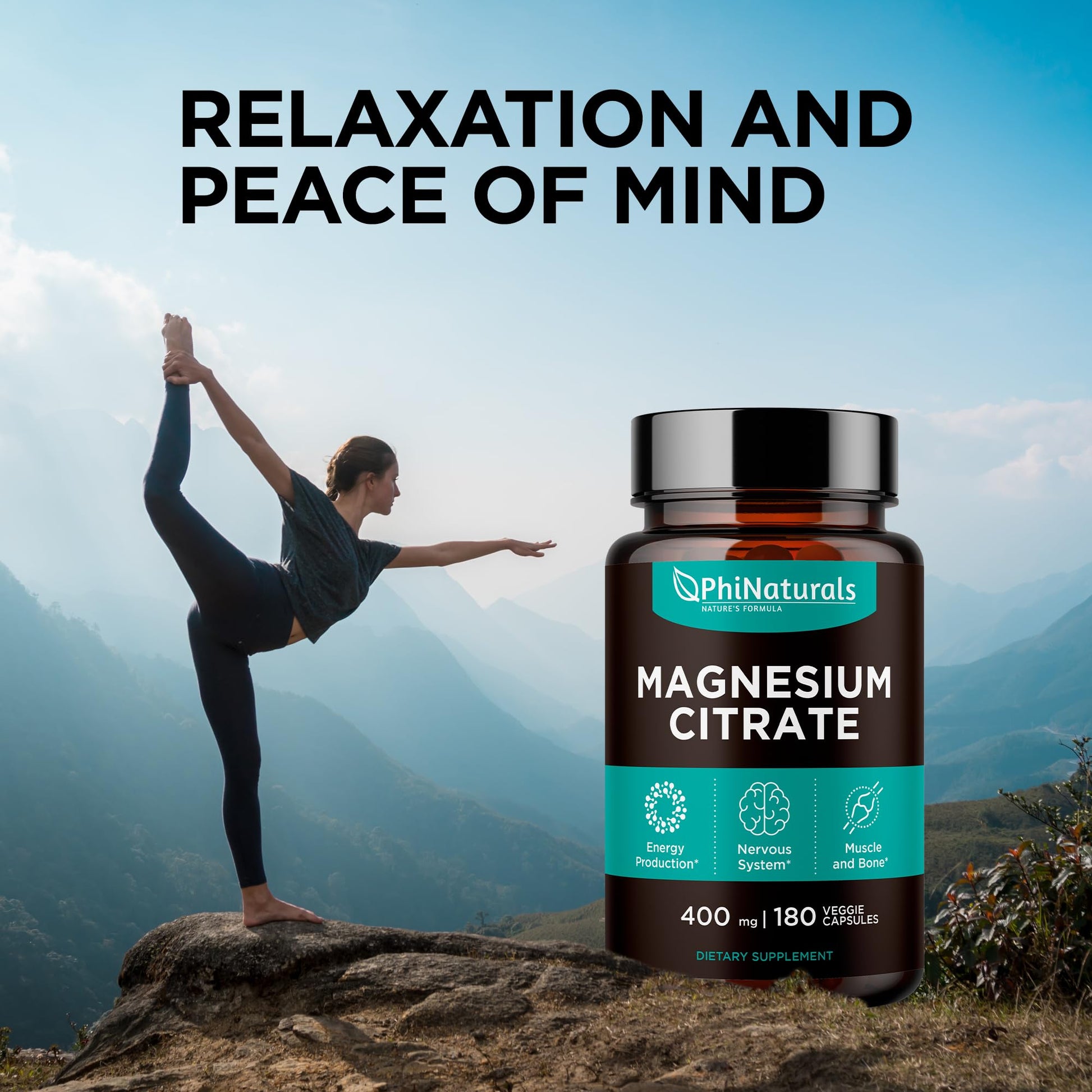 Magnesium Citrate Powder Capsules 400mg - 180 Count Veg Caps - PhiNaturals Supplements - Nervous System Support and Enzyme Function - Maple Wellness Supplements