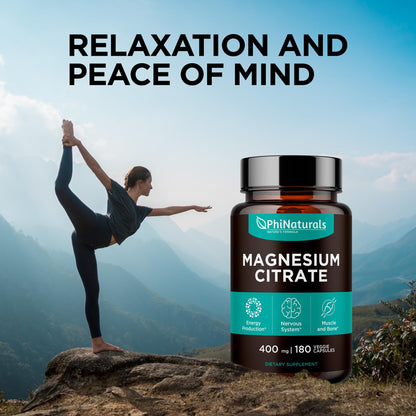 Magnesium Citrate Powder Capsules 400mg - 180 Count Veg Caps - PhiNaturals Supplements - Nervous System Support and Enzyme Function - Maple Wellness Supplements