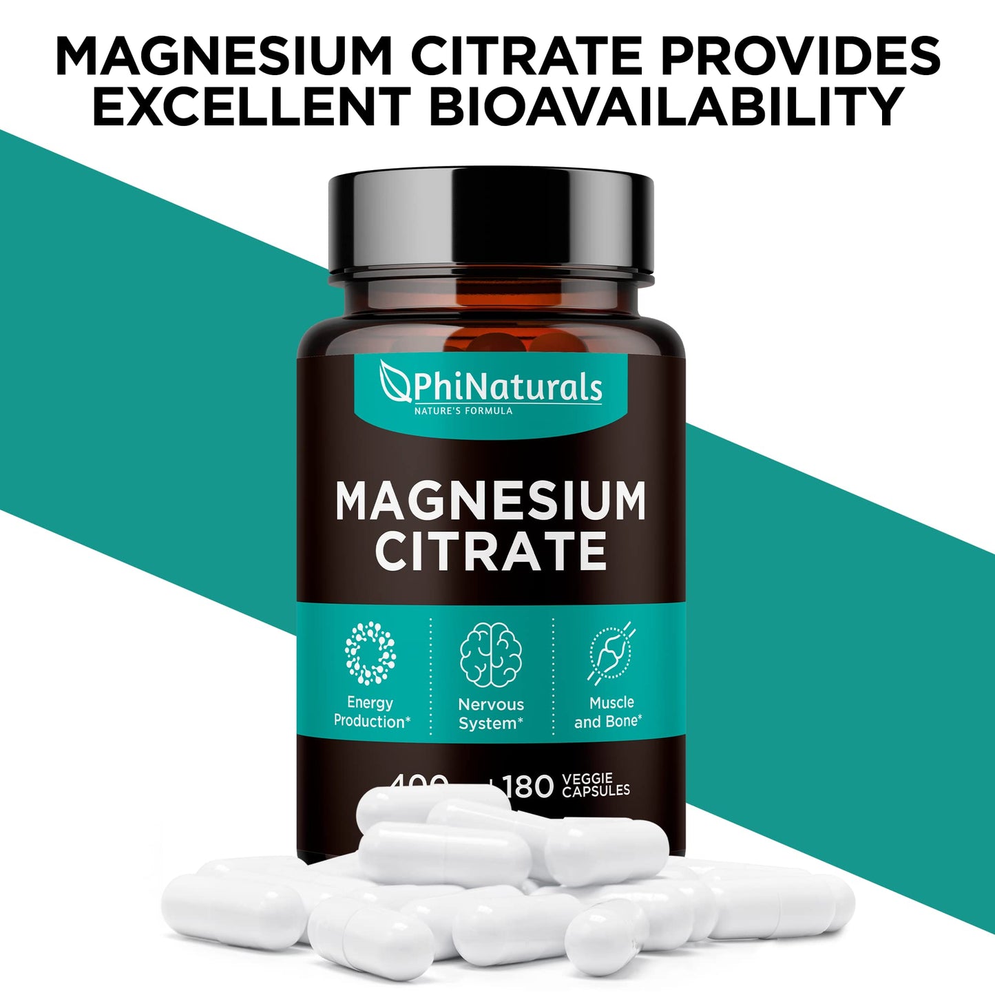 Magnesium Citrate Powder Capsules 400mg - 180 Count Veg Caps - PhiNaturals Supplements - Nervous System Support and Enzyme Function - Maple Wellness Supplements
