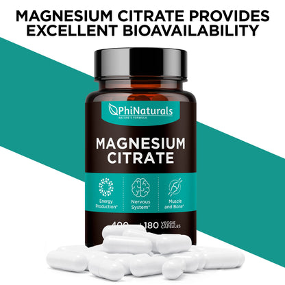 Magnesium Citrate Powder Capsules 400mg - 180 Count Veg Caps - PhiNaturals Supplements - Nervous System Support and Enzyme Function - Maple Wellness Supplements