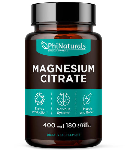 Magnesium Citrate Powder Capsules 400mg - 180 Count Veg Caps - PhiNaturals Supplements - Nervous System Support and Enzyme Function - Maple Wellness Supplements