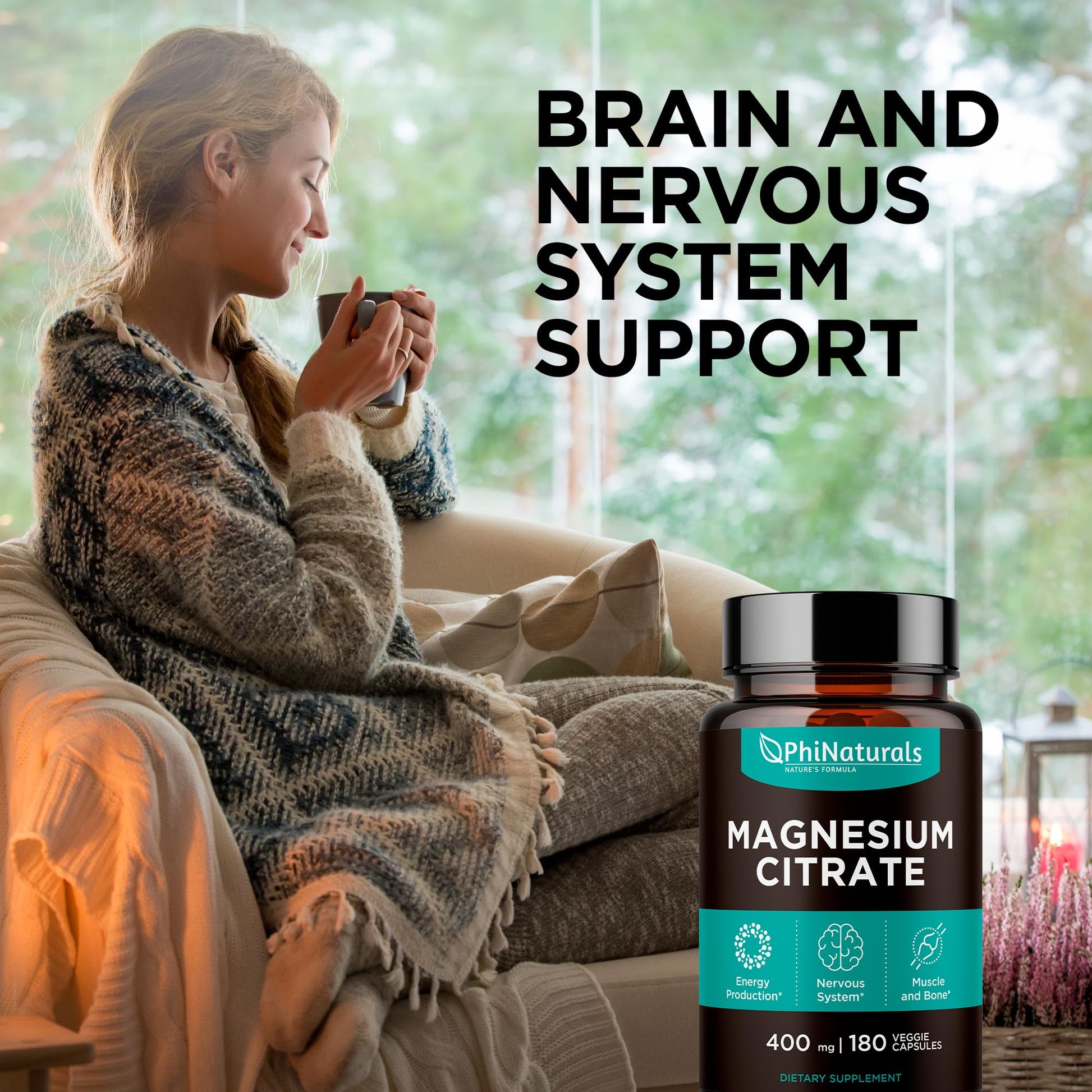 Magnesium Citrate Powder Capsules 400mg - 180 Count Veg Caps - PhiNaturals Supplements - Nervous System Support and Enzyme Function - Maple Wellness Supplements