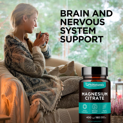 Magnesium Citrate Powder Capsules 400mg - 180 Count Veg Caps - PhiNaturals Supplements - Nervous System Support and Enzyme Function - Maple Wellness Supplements