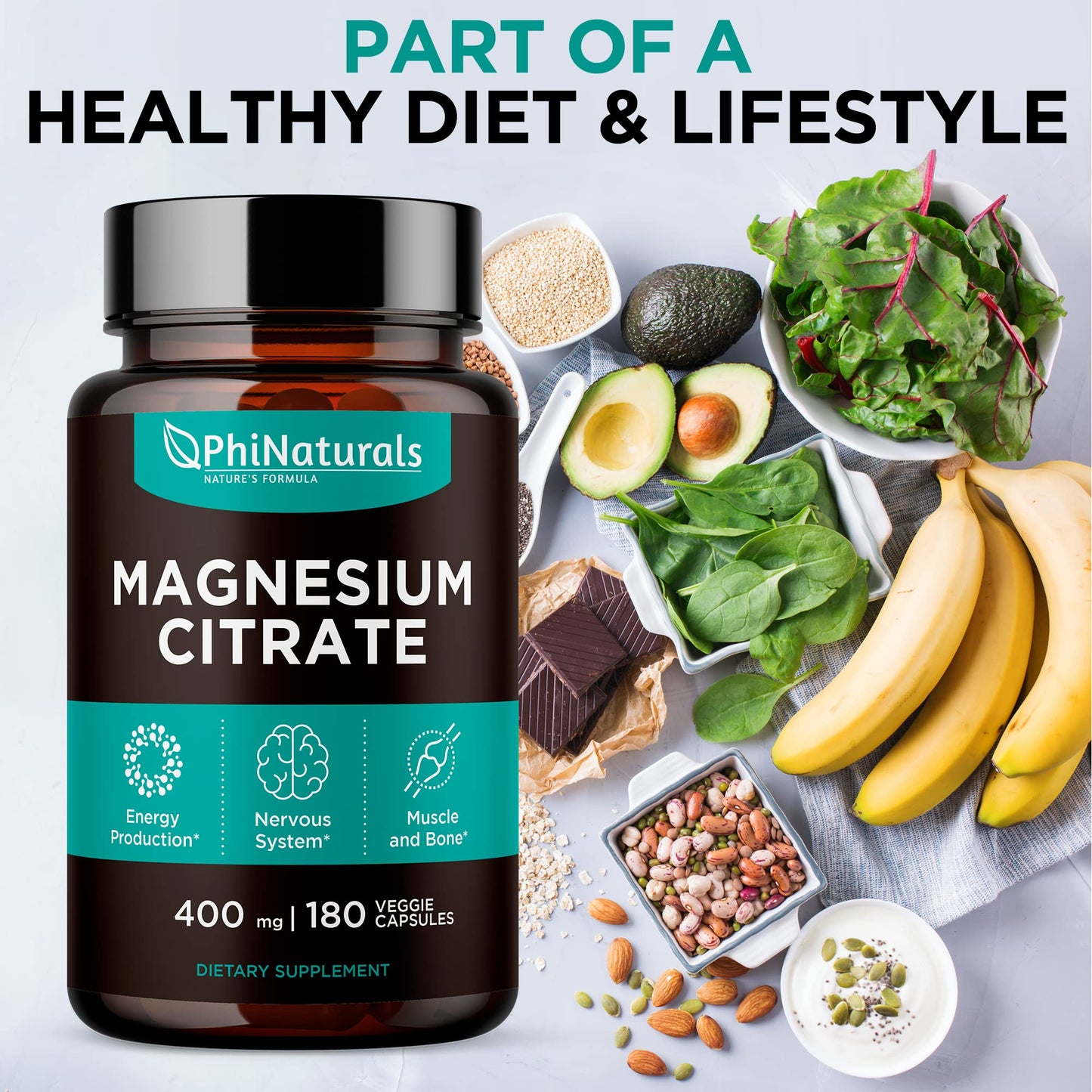 Magnesium Citrate Powder Capsules 400mg - 180 Count Veg Caps - PhiNaturals Supplements - Nervous System Support and Enzyme Function - Maple Wellness Supplements