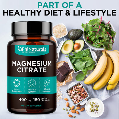 Magnesium Citrate Powder Capsules 400mg - 180 Count Veg Caps - PhiNaturals Supplements - Nervous System Support and Enzyme Function - Maple Wellness Supplements