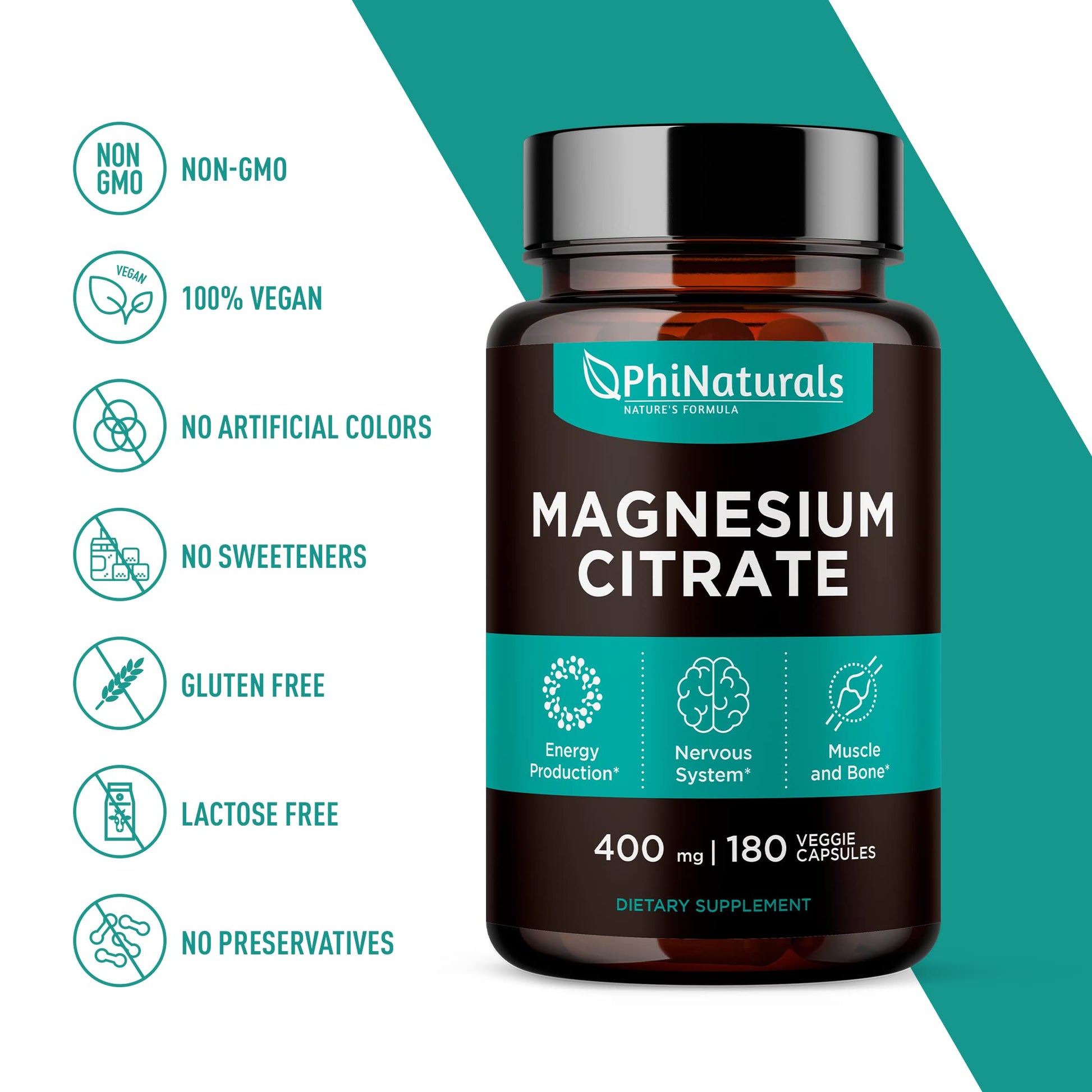 Magnesium Citrate Powder Capsules 400mg - 180 Count Veg Caps - PhiNaturals Supplements - Nervous System Support and Enzyme Function - Maple Wellness Supplements