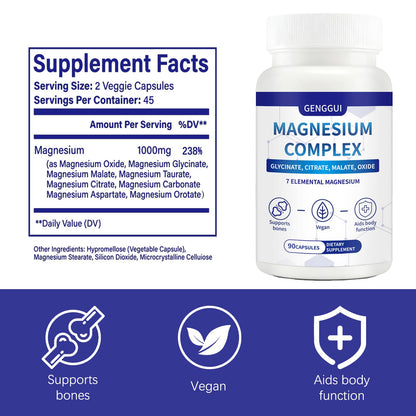 Magnesium Complex 1000mg - 7-in-1 Supplement with Glycinate, Citrate & Malate - Supports Muscle Relaxation, Sleep, Heart Health - High Absorption Capsules, 90 Count (1) - Maple Wellness Supplements