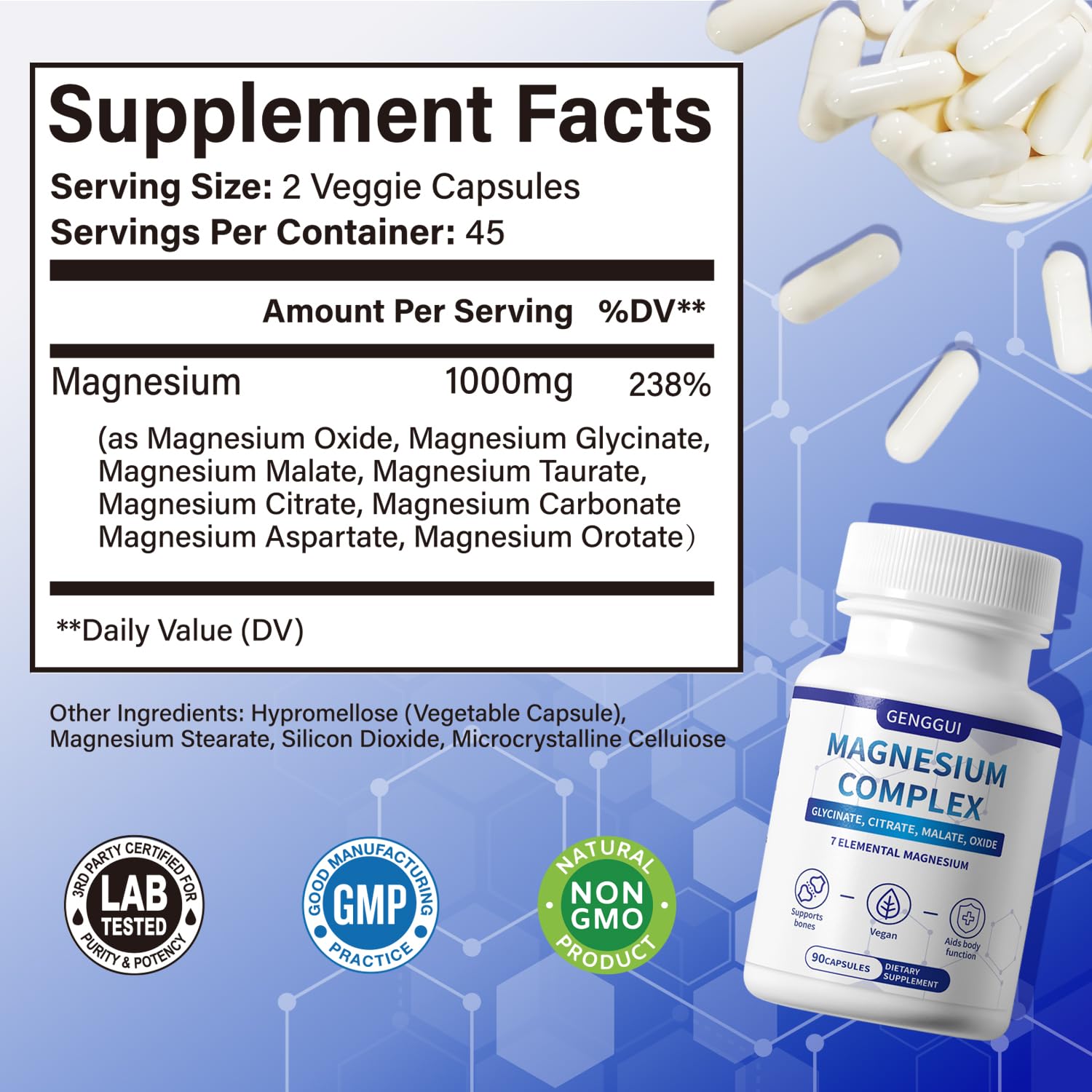 Magnesium Complex 1000mg with 8 Types - Glycinate, Citrate, Malate - Supports Muscle Relaxation, Bone Health, Energy Production & Sleep - High Absorption, Non-GMO, Vegan Capsules, 90 Count (001) - Maple Wellness Supplements