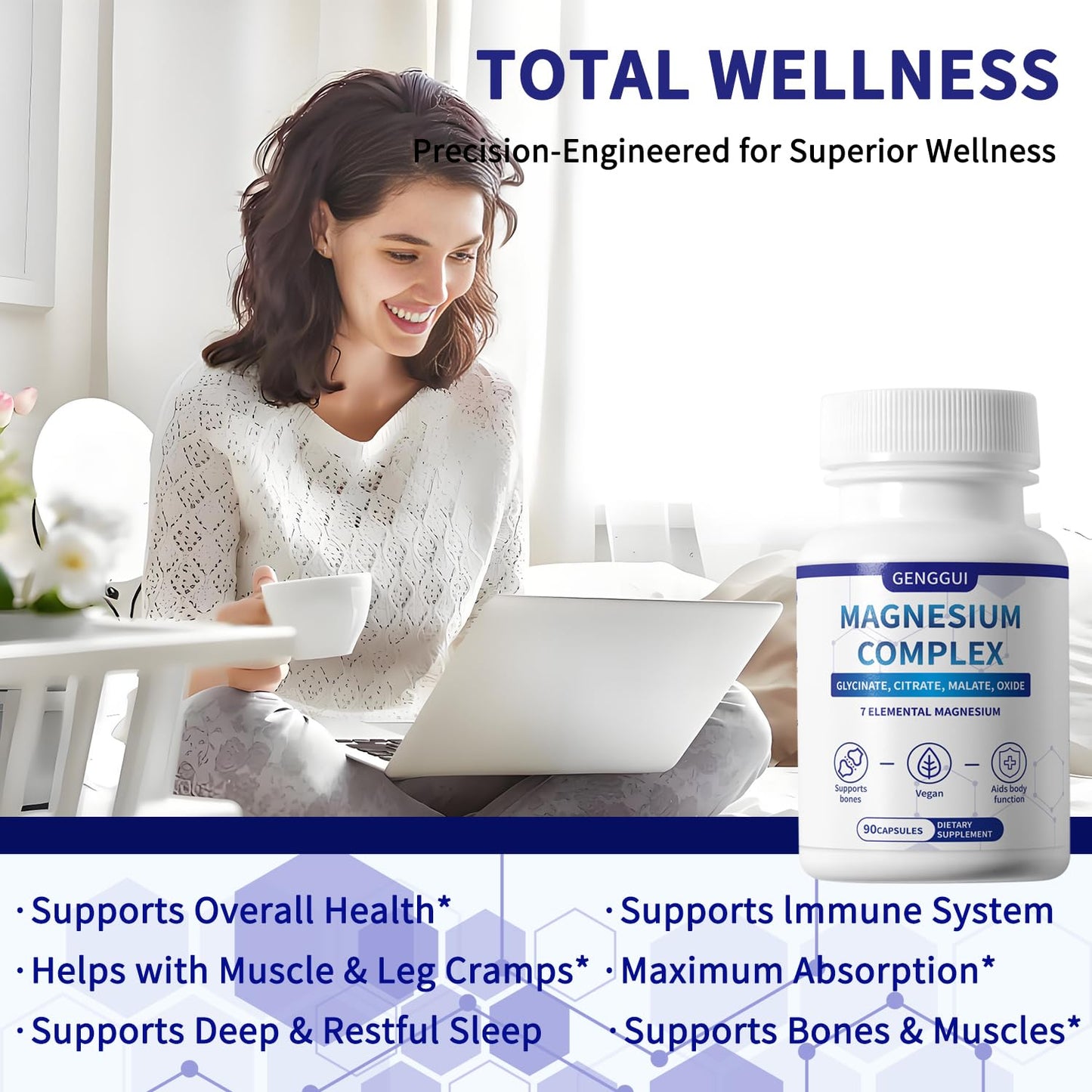 Magnesium Complex 1000mg with 8 Types - Glycinate, Citrate, Malate - Supports Muscle Relaxation, Bone Health, Energy Production & Sleep - High Absorption, Non-GMO, Vegan Capsules, 90 Count (001) - Maple Wellness Supplements
