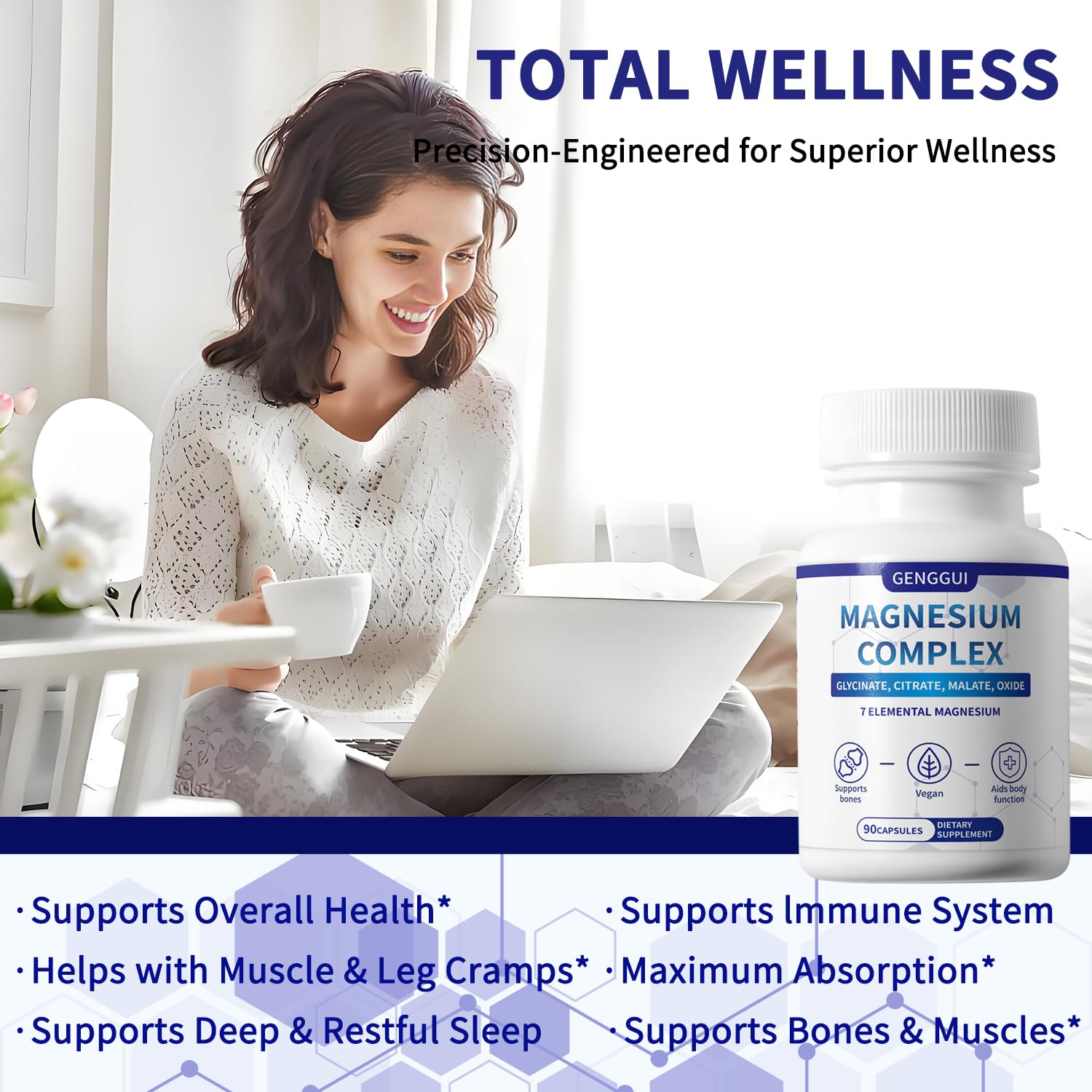 Magnesium Complex 1000mg with 8 Types - Glycinate, Citrate, Malate - Supports Muscle Relaxation, Bone Health, Energy Production & Sleep - High Absorption, Non-GMO, Vegan Capsules, 90 Count (001) - Maple Wellness Supplements