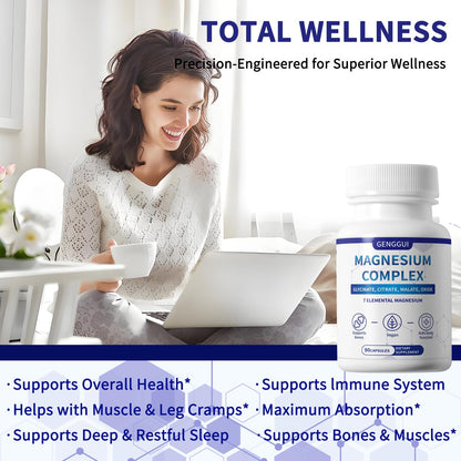 Magnesium Complex 1000mg with 8 Types - Glycinate, Citrate, Malate - Supports Muscle Relaxation, Bone Health, Energy Production & Sleep - High Absorption, Non-GMO, Vegan Capsules, 90 Count (001) - Maple Wellness Supplements